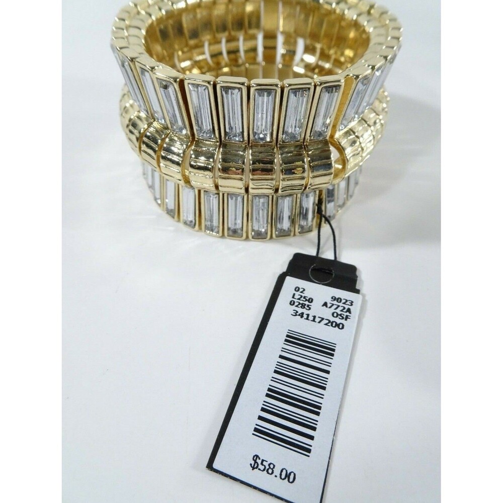 Cache Women's Gold Crystal Baguette Elastic Stretch Bracelet NWT 58 Statement